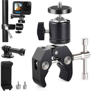 Camera Clamp Mount 360° Ball Head with 1/4" & 3/8" Thread Photography Crab Clamp Action Sport Camera Bike Motorcycle Mount Compatible with Gopro Insta 360 Osmo Pocket 3 DJI Action Camera Cilp Mounts
