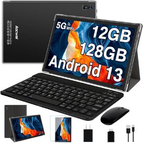 2024 Newest 10 Inch Tablet with Keyboard, 12GB RAM 128GB ROM 1TB Expand, Octa-Core, 8000mAh Android 13 Tablets with 5G+2.4G WiFi, HD IPS Touchscreen, Case, Mouse, GPS, Split Screen, Metal Body (Black)