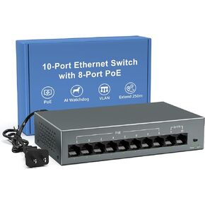 YuanLey 8 Port Gigabit PoE Switch with 2 Gigabit Uplink, 8 Port PoE+ 1000Mbps, 85W 802.3af/at, Extend Function, Metal, Fanless, AI WatchDog, Unmanaged Plug and Play Smart Detection Ethernet Switch