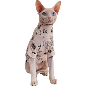 Sphynx Cat Clothes, Tattoo Pattern Print Turtleneck Shirt for Devon Rex Sphynx Cats (Large)