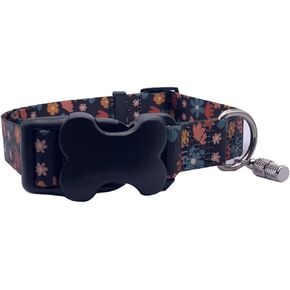 Adjustable Colorful Paw Prints Dog Collar - Black with Bone Shaped Buckle - Unisex - 3 Sizes