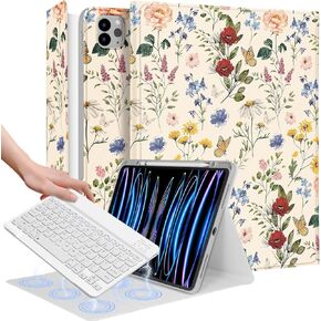 for iPad Air 13 inch Case 2024 M2, for iPad Pro 12.9'' Case with Keyboard Pencil Holder Folio Tablet Cover Women Girls Cute Black Flower for Apple Air 11, Pro 12.9