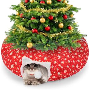 2.62ft x 2.62ft x 10.24in Christmas Cat Tunnel Bed Under Christmas Tree for Indoor Cat, Xmas Red Cute Cat Donut Tunnel with Washable Circle Cushion, Foldable Round Pet Tunnel Toy for Kitten