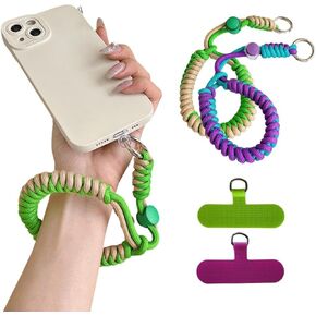 ALLUREVIE 2 Pack Adjustable Phone Wrist Strap Lanyard | Colorful Braided Cell Phone Lanyard with 2 Phone Tether Tabs | Durable Nylon Hand Strap for Phones, Cameras, Keys (Green/Beige & Purple/Cyan)