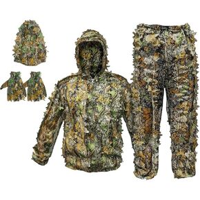 Ghillie Suits 3D Leafy Camo Hunting Suits, Camouflage Ghillie Suit with Full Face Mask Gloves Set, Lightweight Breathable Camo Clothing Suit for Hunting Photography (Height 4.9-5.9Ft)