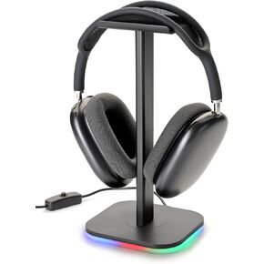 حامل سماعة الرأس للمكتب، حامل سماعة الرأس، مكتب حامل سماعة الرأس 2 في 1، RGB متعدد الألوان، حامل سماعة الرأس للمكتب، سطح الطاولة، ملحقات الألعاب، ملحقات المكتب، فوق الأذن، معدن الألومنيوم (أسود).