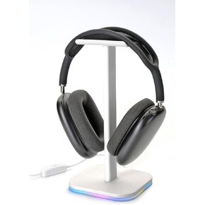 Headphone stand for desk, headset stand, headphone holder desk 2 in 1, RGB multicolor, headphone holder for desk, tabletop, gamer accessories, desk accessories, over-ear, aluminium metal (Black).