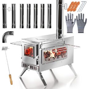PYY Wood Burning Stove - Hot Tent Stove Camping Stainless Steel with 8 Chimney Pipes (5.9 FT), Portable for Tent, Outdoor Cooking, Camping, Hiking, Ice Fishing, Hunting