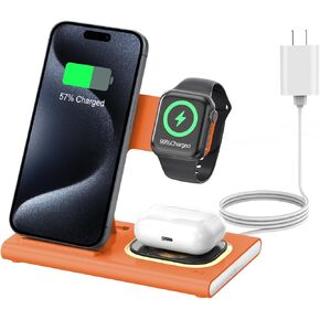 Aresh 3 in 1 Foldable Charging Station for Apple Products,Wireless Charger Travel Dock Adapter Light for iPhone 16/15/14/13/12/11/X/XS,for iWatch 10/9/8/7/6/Ultra2/Ultra,for AirPods 4/3/Pro/2(Orange)