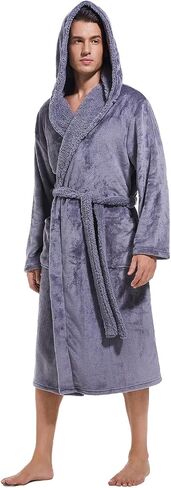 Mens Hooded Robe,Plush Robes for Men,Soft Warm Fleece Bathrobe Shower Spa Long Robe With Pockets,BLACK+BURGUNDY,L/XL in Saudi Arabia