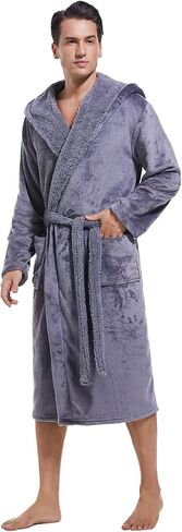 Mens Hooded Robe,Plush Robes for Men,Soft Warm Fleece Bathrobe Shower Spa Long Robe With Pockets,BLACK+BURGUNDY,L/XL in Saudi Arabia