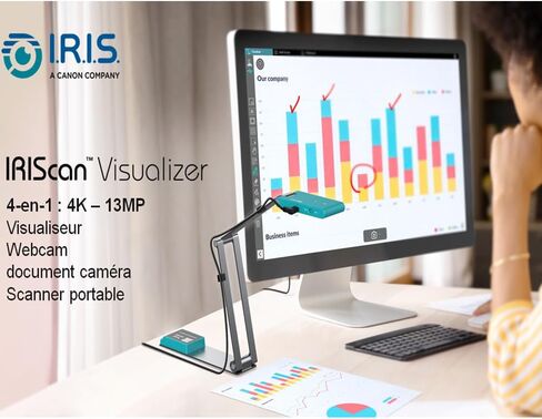 كاميرا ويب IRIScan Visualizer Webcam Document Camera v7:4K UltraHD-13MP، 4in1، Free Readiris PDF OCR، متخيل، ماسح ضوئي A3، ماسح ضوئي محمول، مؤتمرات الويب، التعلم عن بعد، AI Micro، Led، USB، WinMac in Kuwait