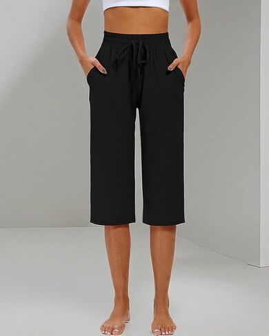 Riyiper 3 Pack Women Causal Capri Pants Drawstring Lounge Yoga Capri Sweatpants Loose Wide Leg Crop Trousers with Pockets in Kuwait