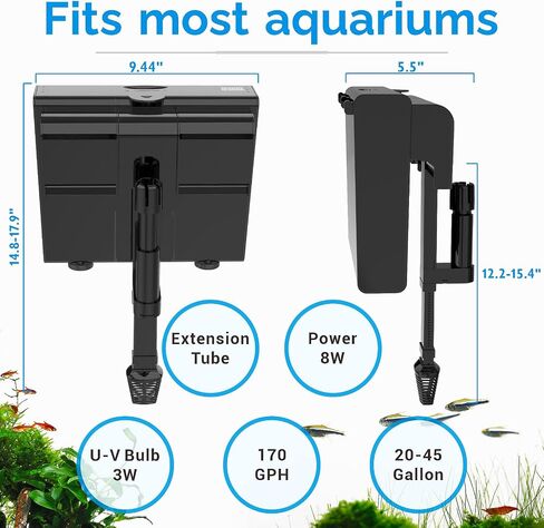 Aquarium Filter for 20-45 Gallon Tank,Hang On Back Aquarium Filter Quiet Powerful Pump 170GPH for Aquarium Turtle Tank Surface Skimmer Equipment in Saudi Arabia