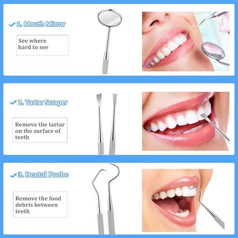 مجموعة أدوات تنظيف الأسنان من الفولاذ المقاوم للصدأ مكونة من 7 قطع أدوات طب الأسنان ومزيل بقع الأسنان وخيط تنظيف الأسنان وأدوات تنظيف الأسنان مع حامل للنزهات الخارجية والتخييم والسفر in Saudi Arabia