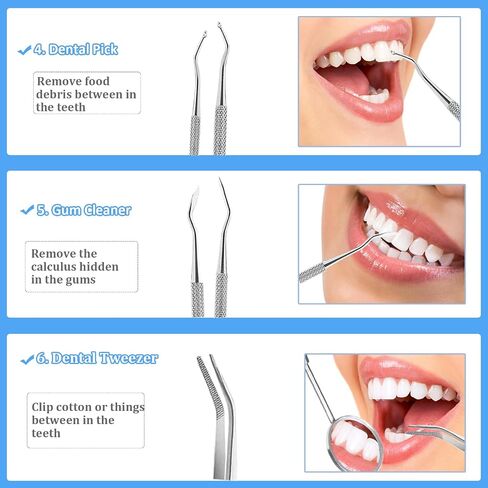 مجموعة أدوات تنظيف الأسنان من الفولاذ المقاوم للصدأ مكونة من 7 قطع أدوات طب الأسنان ومزيل بقع الأسنان وخيط تنظيف الأسنان وأدوات تنظيف الأسنان مع حامل للنزهات الخارجية والتخييم والسفر in Saudi Arabia