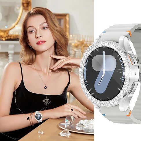 Wugongyan Case Compatible with Samsung Galaxy Watch 7 40mm 44mm Screen Protector Bling Double Row Crystal Diamonds Flexible TPU Galaxy Watch 7 Face Cover Accessories（Silver, 44mm） in Kuwait