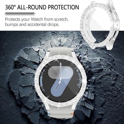 Wugongyan Case Compatible with Samsung Galaxy Watch 7 40mm 44mm Screen Protector Bling Double Row Crystal Diamonds Flexible TPU Galaxy Watch 7 Face Cover Accessories（Silver, 44mm） in Kuwait
