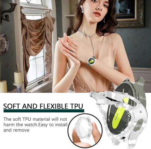 Wugongyan Case Compatible with Samsung Galaxy Watch 7 40mm 44mm Screen Protector Bling Double Row Crystal Diamonds Flexible TPU Galaxy Watch 7 Face Cover Accessories（Silver, 44mm） in Kuwait