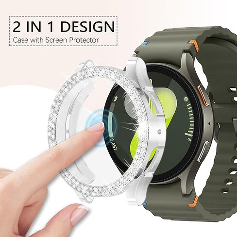 Wugongyan Case Compatible with Samsung Galaxy Watch 7 40mm 44mm Screen Protector Bling Double Row Crystal Diamonds Flexible TPU Galaxy Watch 7 Face Cover Accessories（Silver, 44mm） in Kuwait
