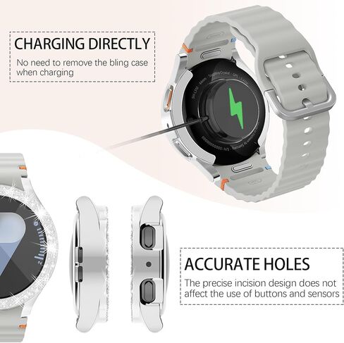 Wugongyan Case Compatible with Samsung Galaxy Watch 7 40mm 44mm Screen Protector Bling Double Row Crystal Diamonds Flexible TPU Galaxy Watch 7 Face Cover Accessories（Silver, 44mm） in Kuwait