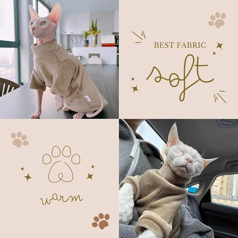 Sphynx Cat Warm Turtleneck Sweater, Thick Soft Hairless Cats Fleece Clothes, Two-Legged Winter Onesie for Cats and Small Dogs,Warm Outfit Coat Pjs for Cats and Puppy (Light Brown, XL (6.5-8.5lbs)) in Kuwait