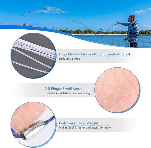 Small Casting Net Fishing Cast Net, Fishing Cast Net with Aluminum Ring, Outdoor Nylon Monofilament Cast Hand Throw Fishing Mesh Net, Extension Net Diameter 94 141 188Inch in Saudi Arabia