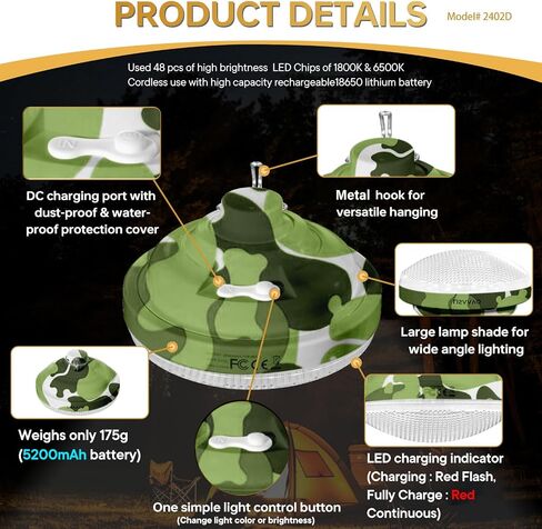 LED Camping Tent Light, Portable LED Camping Lantern with 2 Light Colors, White & Yellow, Dimmable, Water Resistant Emergency Camp Light, Rechargeable Lantern, 5200mAh Battery, Camo in Saudi Arabia