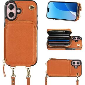 Bocasal Crossbody Wallet Case for iPhone 16, RFID Blocking Leather Purse Case with Card Holder, Protective Handbag Flip Cover with Zipper Wrist Strap Lanyard for Women 5G 6.1 Inch (Black)