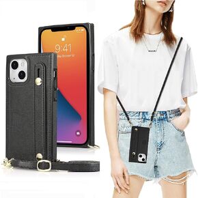 DEFBSC Finger Strap Case with Lanyard for iPhone 13, PU Kickstand Case with Adjustable Crossbody Strap, Finger Strap and Card Slot Cover for iPhone 13-Black