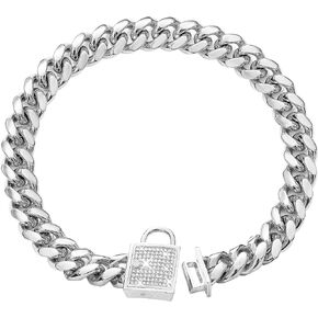 Dog Collar with Zirconia Locking 14mm Silver Metal Puppy Collar Luxury Dog Bling Necklace Small Medium (14MM, 20")