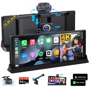 4K Apple Carplay 10.26" Carplay Screen for Car with 350° Rotatable Camera Wireless Carplay & Android Auto w Dual Bluetooth,Vioce Control, Navigation, Apple Car Play with Backup Camera, Unique Bracket