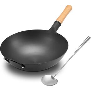 WANGYUANJI Iron Wok,13.38’’ Traditional Round-Bottom Wok, Chef’s Professional Stir-Fry Pan with Wooden Handle, Chemical-Free Wok for Gas Stoves and Round-Bottom Induction Stovetop(No lid included)