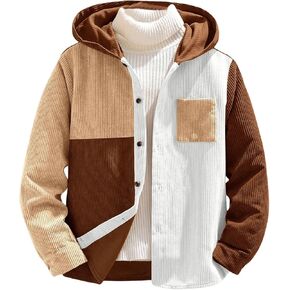SHENHE Boy's Corduroy Jacket Casual Long Sleeve Button Down Color Block Hooded Shirt