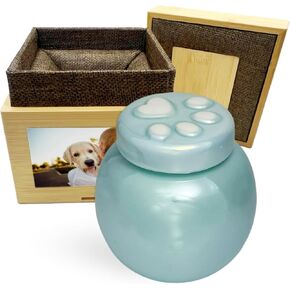 Small Ceramic Pet Urn for Dog and Cat| Urn for Cat Ashes & Fur Keepsake | with Box and Photo Holder | Paw Decorative | Pet Memorial Gift Dog Cat | Pet Gift for Family