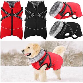 2 Pcs Dog Winter Coats Reflective Dog Winter Jackets with Harness Built in, Thicken Fleece Lining Adjustable Dog Cold Weather Coats for Small Medium Large Dog Turtleneck Clothes(Large)