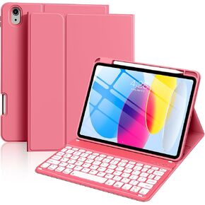 aoub Keyboard Case for iPad 10th Generation Case 10.9 inch 2022-7 Color Backlit Wireless Detachable Keyboard, Stand Folio Cover with Pencil Holder for iPad 10th Gen, Pink