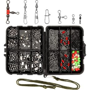 160 Pcs/box Fishing Swivel Snaps Kit Sea Fishing Barrel Swivel Snaps Ball Bearing Swivels Fishing Tackle with Multiple Fishing Swivels and Clips Luminous Fishing Beads for Saltwater Freshwater