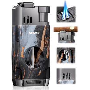 All-in-one Cigar Torch Lighter with Built-in V Cigar Cutter, Cigar Holder, Gift for Men, Multifunctional Cigar Accessories, Refillable Butane Dual Flames, Windproof Torch Lighters for Smoking, Outdoor