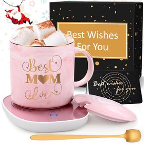 LiqCool Mom Gifts from Daughter, Best Mom Ever Marbled Coffee Mug with Smart Warmer Coaster Set, for Mom, Birthday Mothers Day for Wife New Mom Women(12 Oz, Gift Box, Spoon)