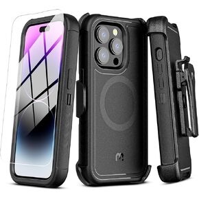M MYBAT PRO Maverick Series iPhone 14 Pro Case with Belt Clip Holster,w/Screen Protector,Anti-Drop,Shockproof,with 360°Rotating Kickstand,Heavy Duty Protection Black