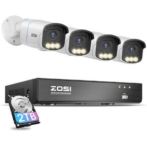 ZOSI 4K PoE Security Camera System,4pcs 4K C186 Aurora Lux Outdoor Indoor Wired PoE Cameras,Person Vehicle Detection,Color Night Vision,2 Way Audio,8MP 8CH Home NVR with 2TB HDD for 24/7 Recording
