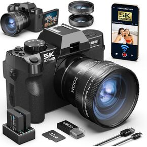 5K Digital Camera, 48MP/60FPS Cameras for Photography, Video/Vlogging Camera for YouTube, WiFi & App Control and Wide-Angle & Macro Lens, Perfect for Entry-Level Users and Beginners(32GB TF Card)