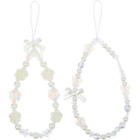 2 Pcs Flower Butterfly Bow Phone Charm Pearl Crystal Beaded Phone Wrist Strap Cute Phone Charms Strap Phone Chain Phone Bracelet Strap Phone Keychain Lanyard Decoration