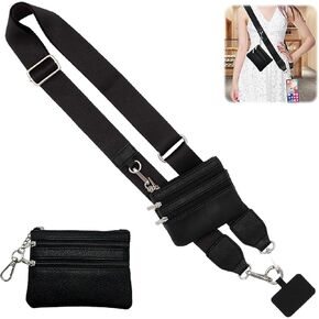 Clip and Go Strap for Phone with Wallet Crossbody,Adjustable Phone Strap with Wallet,Phone lanyard with zippered Pouch (black)