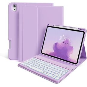 kenke for iPad 10th Generation Case with Keyboard (10.9", 2022), 7 Color Backlight Round Cap, Wireless Detachable Keyboard Case with Pencil Holder for iPad 10th Model: A2696/A2757/A2777, Light Purple