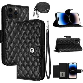 Wallet Case for iPhone 14 Pro 6.1 inch with Wrist Strap Crossbody Shoulder Strap, Argyle Pattern Leather Flip Cell Phone Cover for iPhone14Pro 5G i i-Phone i14 iPhone14 14Pro Girls Women Black