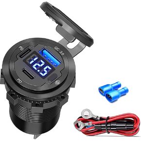 12V USB Car Socket, 3-Port Marine Aluminum USB Quick Charge Waterproof Cigarette Round USB C 12V Outlet for Car Golf Cart Boat Marine Bus Truck RV Marine Motorcycle etc(2QC+1PD(1Pack))