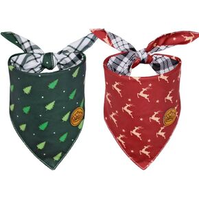 CROWNED BEAUTY Christmas Dog Bandanas Reversible Small 2 Pack, Festive Forest Set, Plaid Adjustable Triangle Holiday Scarves for Dogs Cats Boy Girl Pets DB140-S