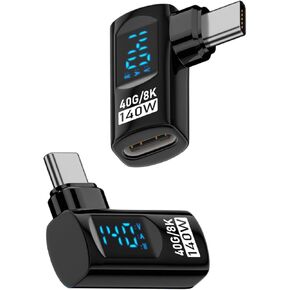 QIANRENON USB4.0 C Charging Digital Display 90°Angle Adapter PD140W USB Type C Male to Female Charge Display Right Angle Connector 40Gbps 8K@60Hz, Real Time Monitoring, 2Pcs (Side Bend)